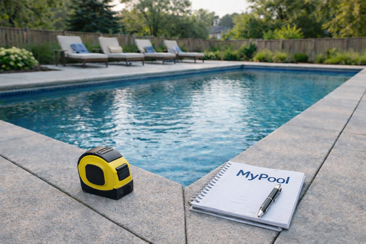 Minnesota backyard pool design consultation with notebook and tape measure