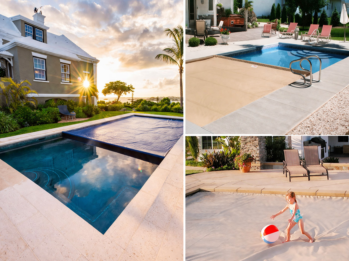 Collage showing automatic pool covers closed and partially open in residential backyards