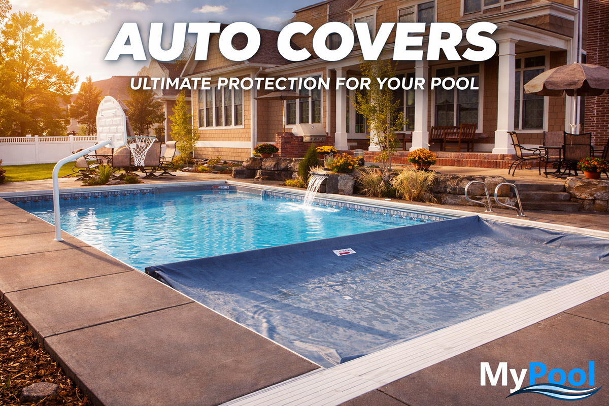Automatic pool cover partially open on a rectangle backyard pool in Minnesota
