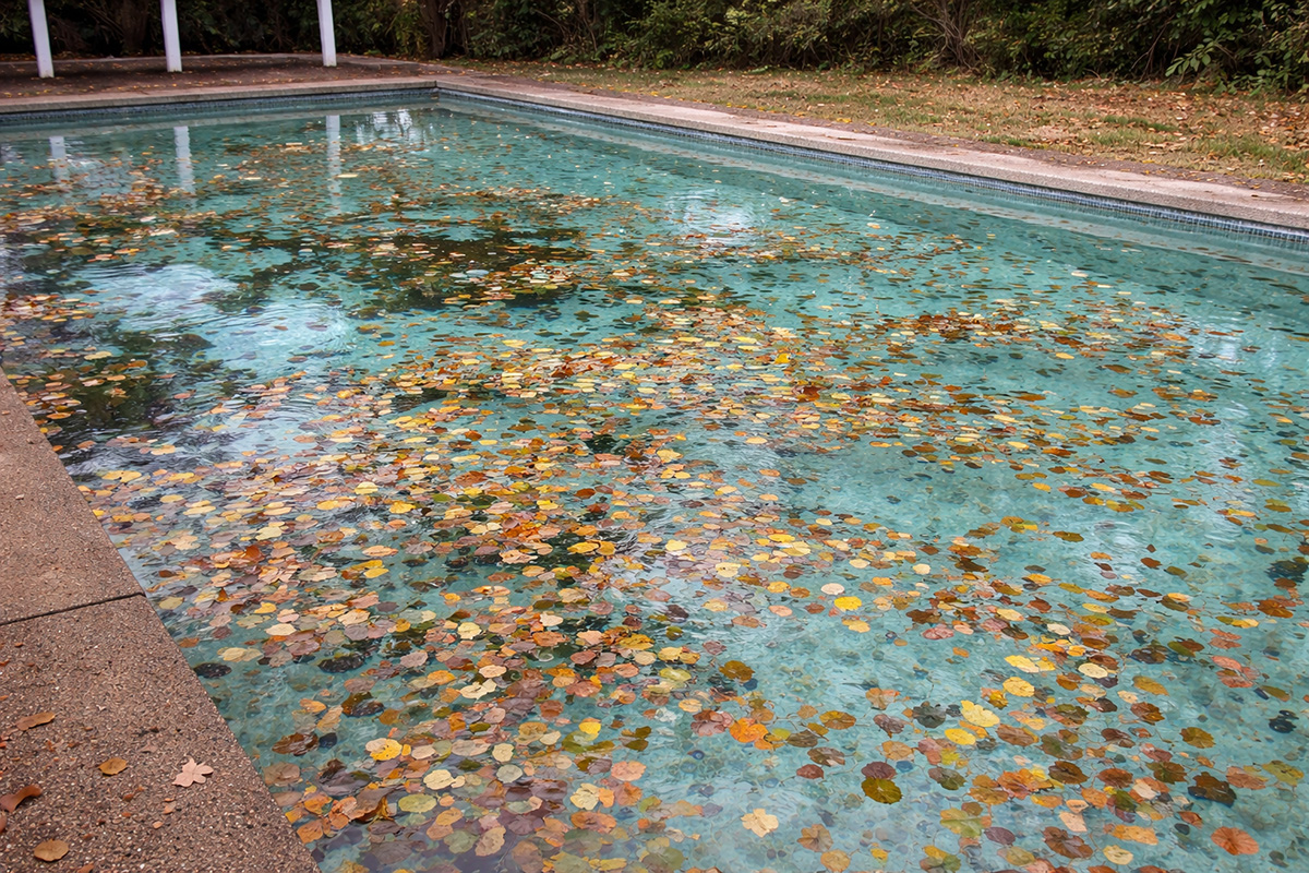 Open backyard pool filled with floating leaves and debris