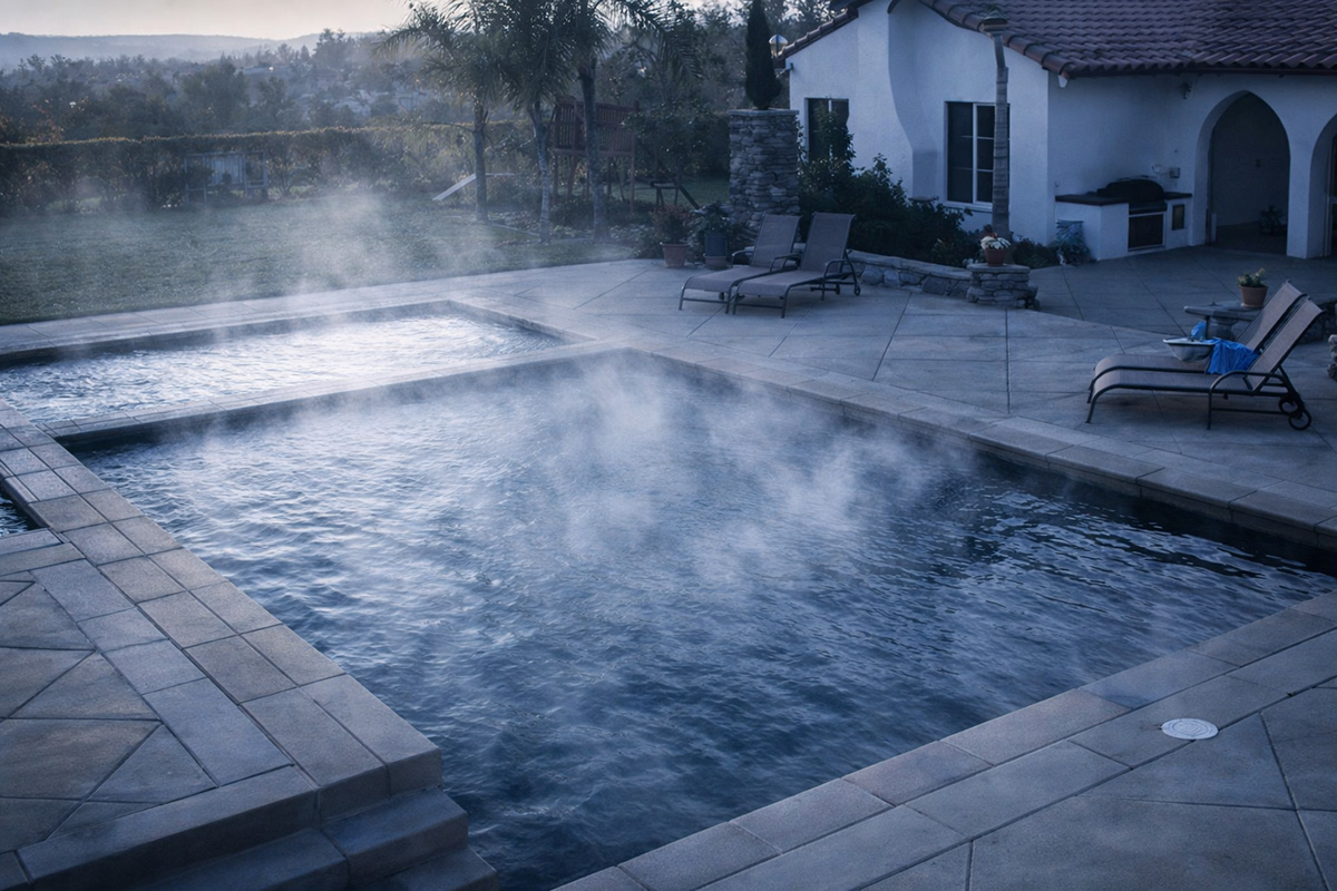 Steam rising off an uncovered backyard pool, showing surface heat loss
