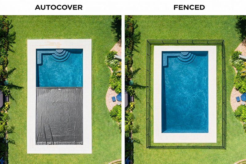 Aerial comparison of a Minnesota pool with an automatic cover versus a fenced pool layout