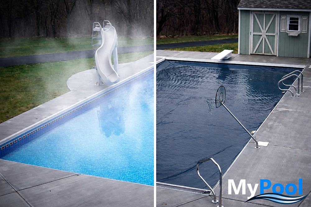 Minnesota pool with automatic cover open and closed showing heat retention benefit