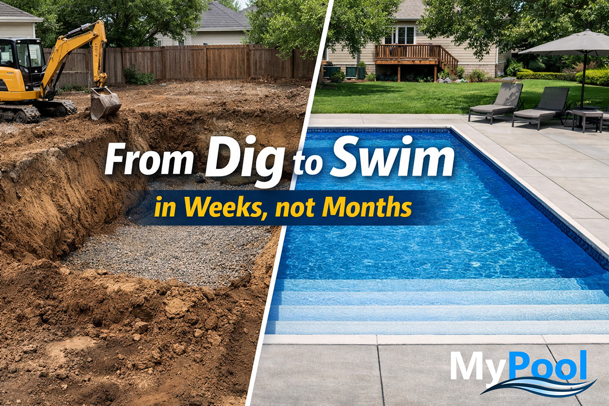 Excavated backyard beside a finished rectangle pool showing the dig to swim timeline in Minnesota