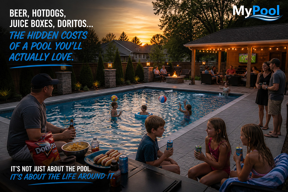 Friends family and kids enjoying a Minnesota backyard pool with hotdogs Doritos and drinks