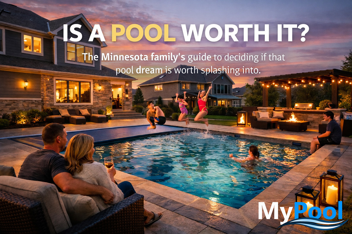 Evening backyard pool scene showing family time and entertaining in Minnesota