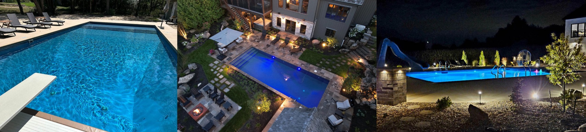 Completed Minnesota backyard pool projects in daytime, aerial, and night views