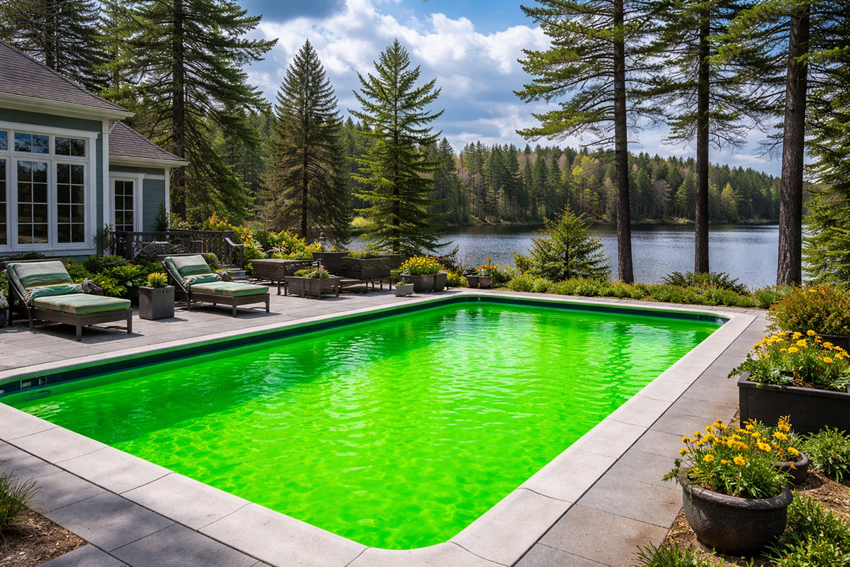 Bright green Minnesota pool during spring opening cleanup