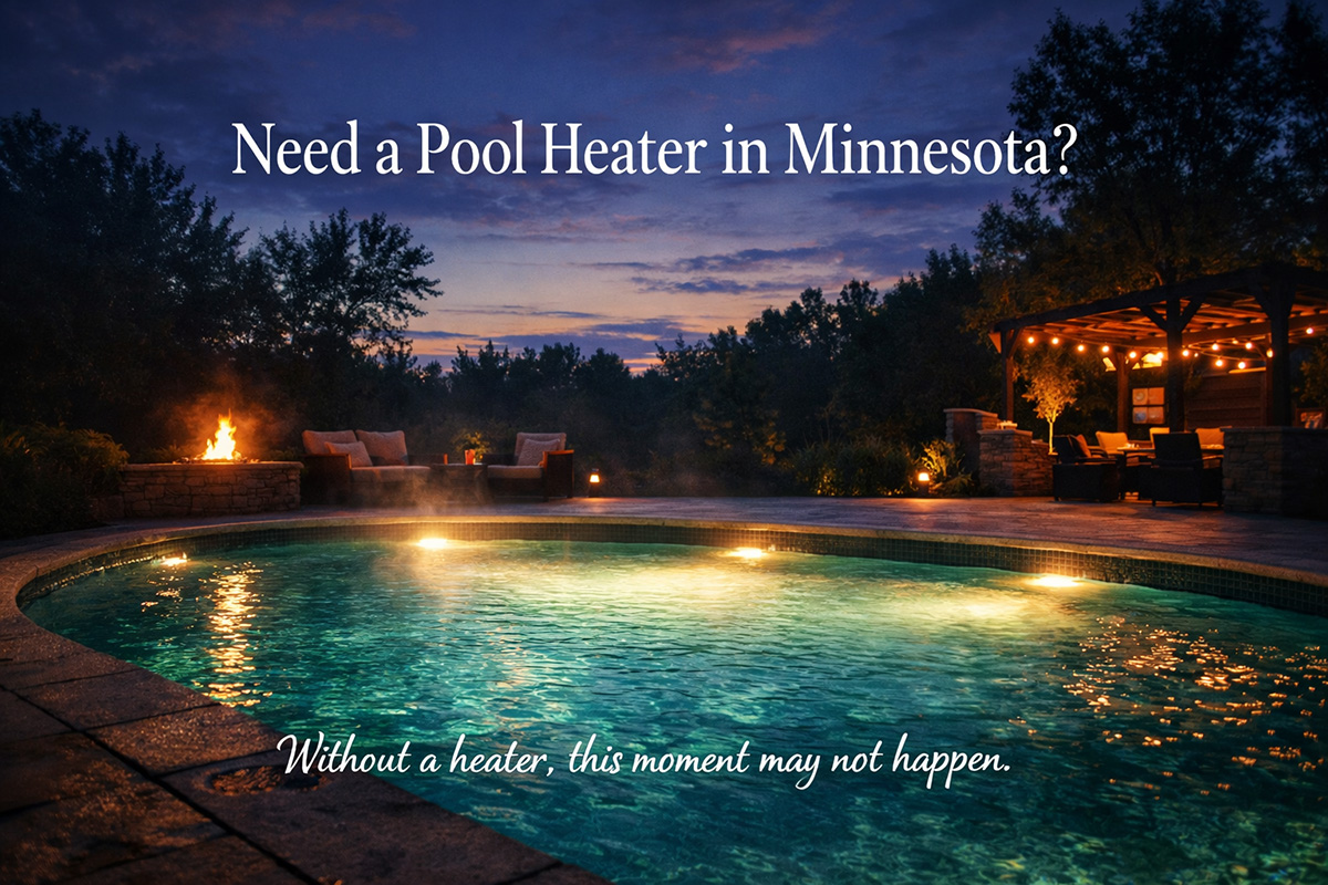 Glowing backyard pool at night in Minnesota showing the value of a pool heater