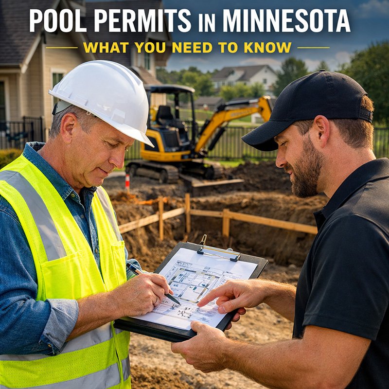 Pool inspector reviewing plans at a Minnesota backyard pool construction site