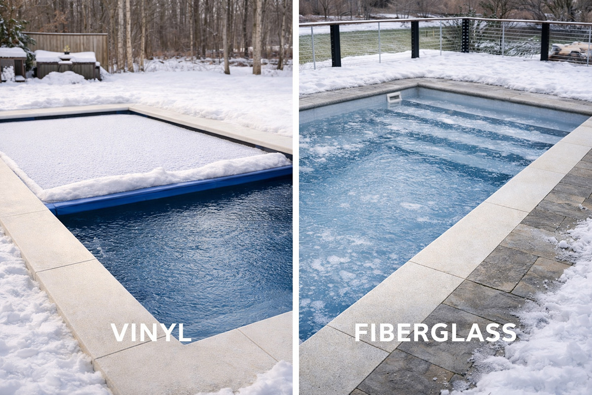 Vinyl liner and fiberglass pools shown during Minnesota winter conditions