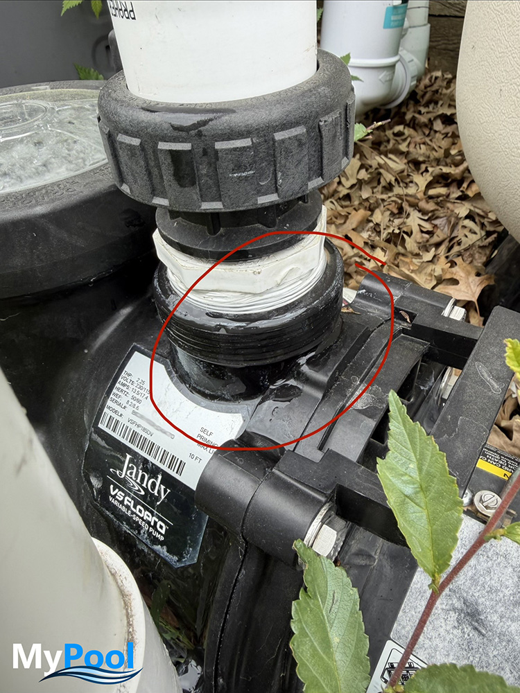 Pool equipment pad leak at pump plumbing connection