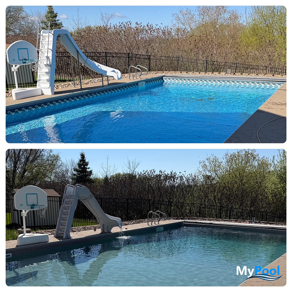Before and after comparison of a Minnesota vinyl pool liner replacement