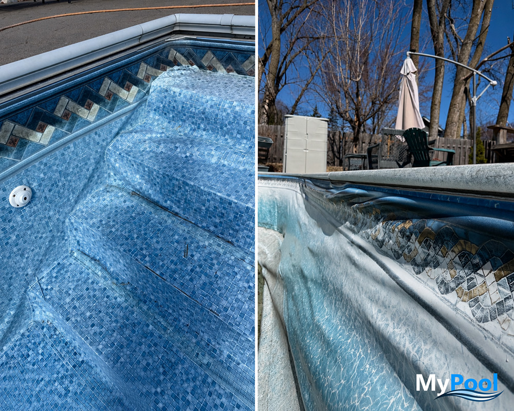 Close up comparison of worn pool liner and liner details