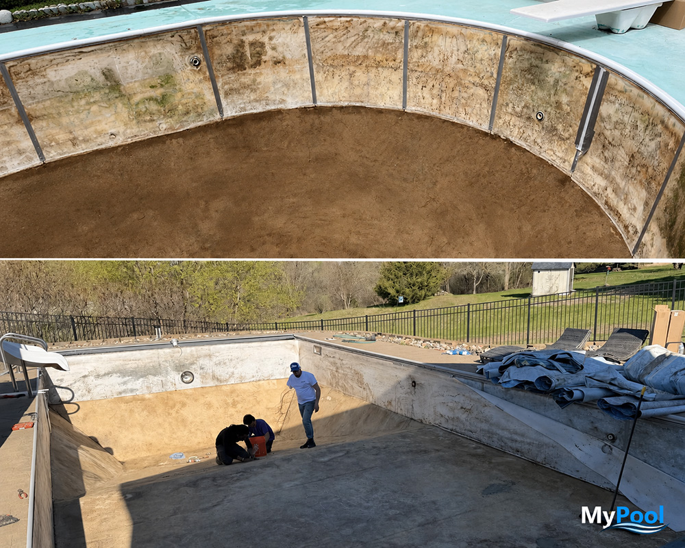 Old vinyl pool liner removed during a Minnesota pool renovation