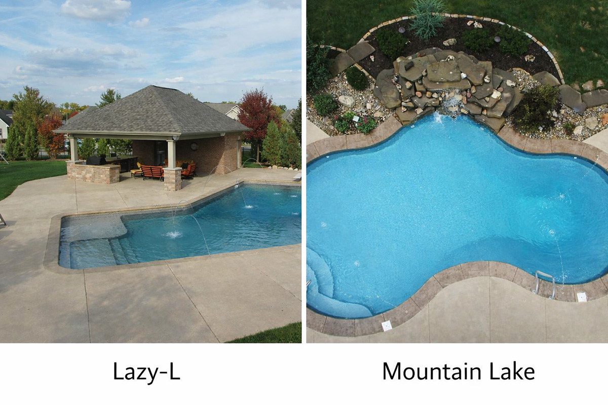 Examples of pool shapes that are not compatible with automatic cover layouts, including lazy-L and mountain lake styles