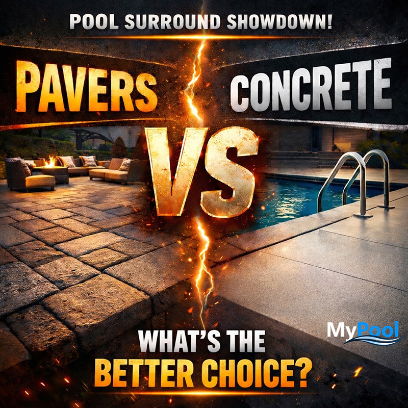 Concrete versus pavers pool surround showdown graphic for Minnesota pool design