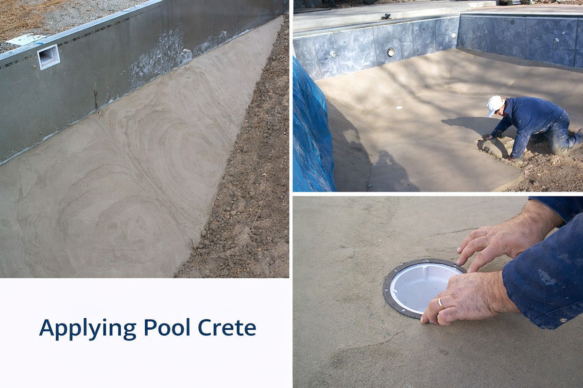 Pool crete floor being hand troweled smooth with close-up of pool fitting installation