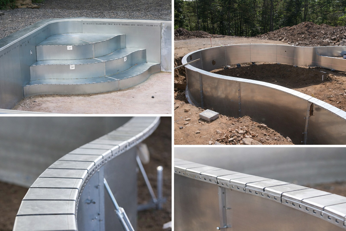 Steel wall pool structure with curved wall details and built-in steps during construction