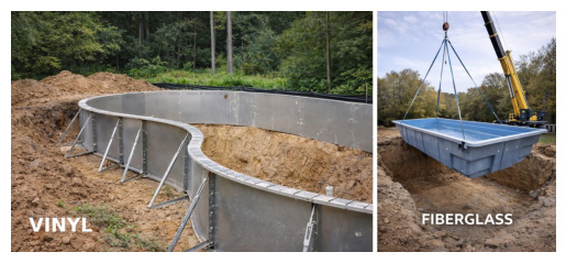 Steel wall vinyl pool under construction next to fiberglass shell installation image