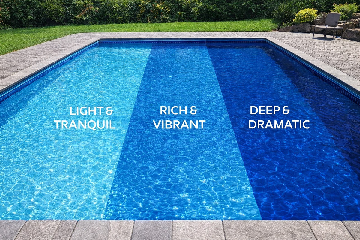 One pool shown with three different vinyl liner water color tones