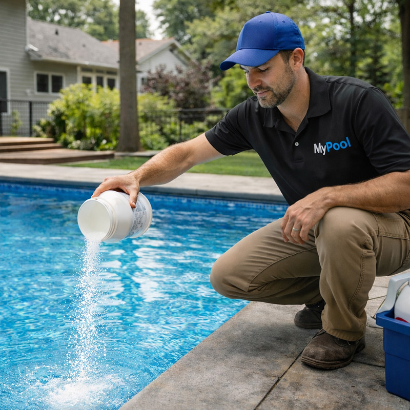 MyPool weekly pool chemical care adding granular chlorine to a Minnesota backyard pool