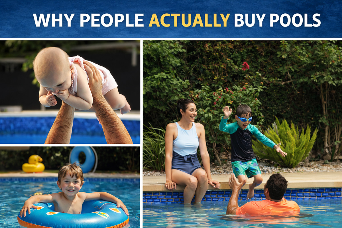 Parents and kids enjoying time together in a backyard pool