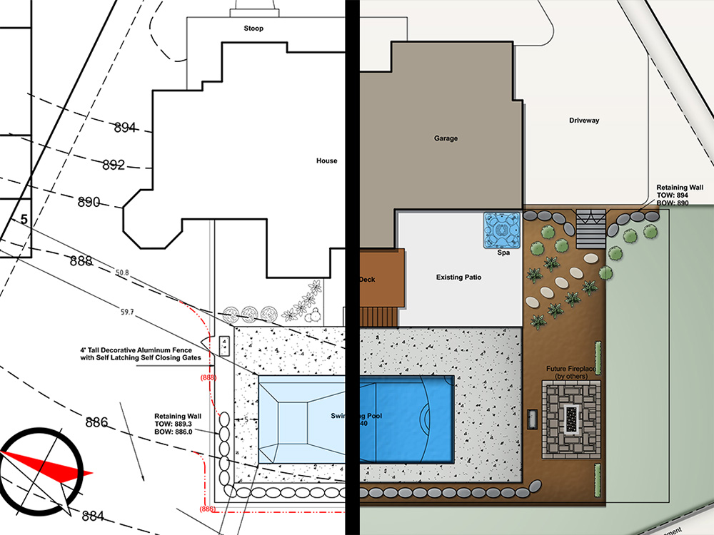 Minnesota pool design rendering and finished rectangle pool concept
